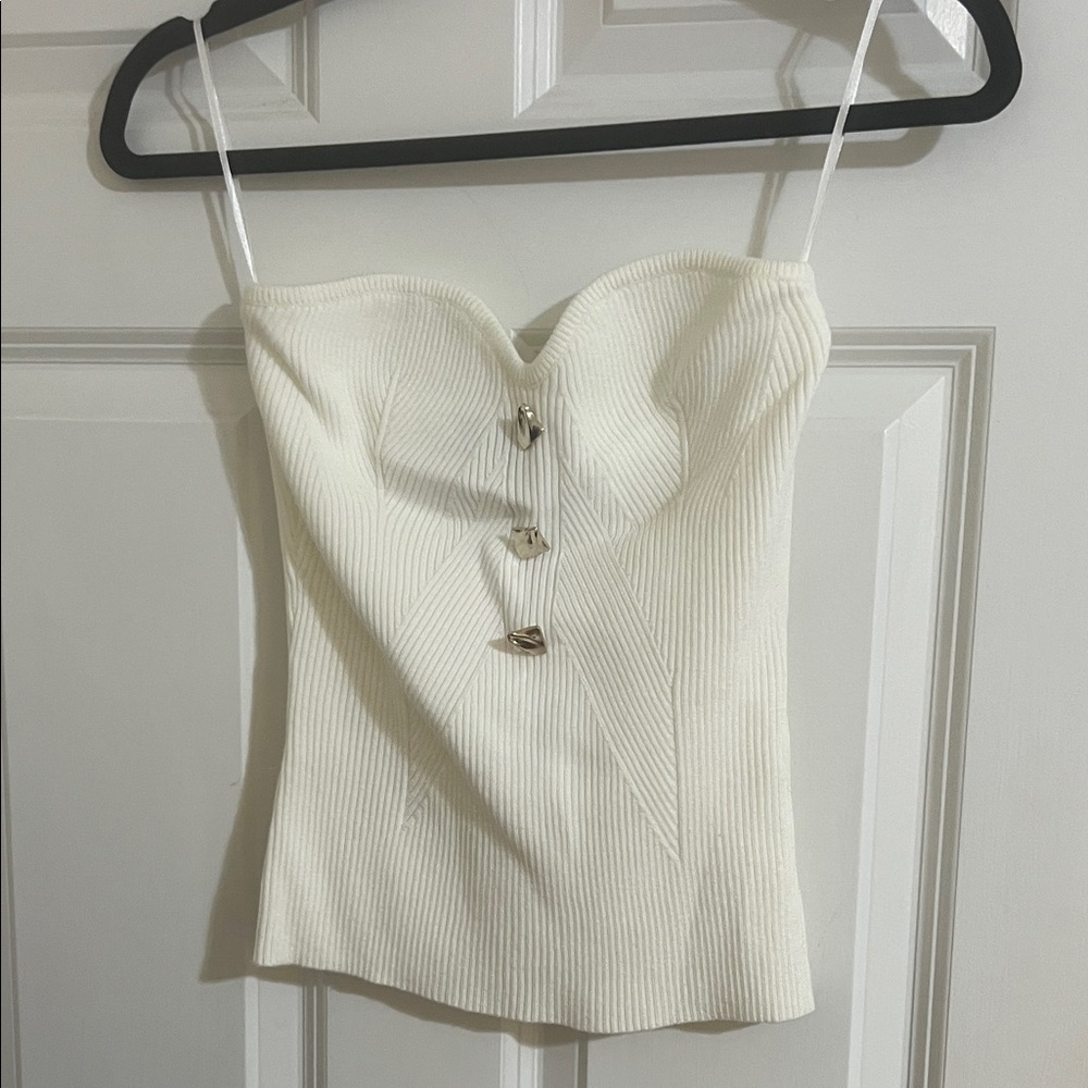 AKIRA Cream Ribbed Strapless Top with Gold Accents